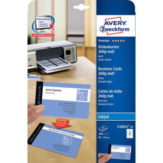 Biglietti da visita personalizzabili Avery Quick&Clean? 85x54 mm 8/foglio patinati per inkjet - cf 25 ff C32015-25