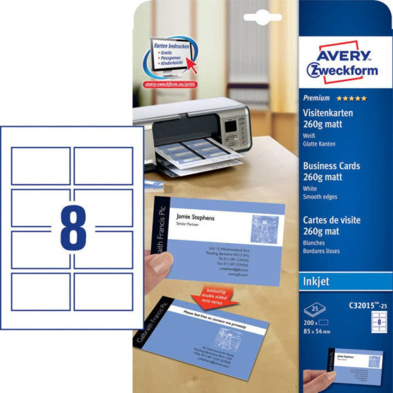 Biglietti da visita personalizzabili Avery Quick&Clean? 85x54 mm 8/foglio patinati per inkjet - cf 25 ff C32015-25
