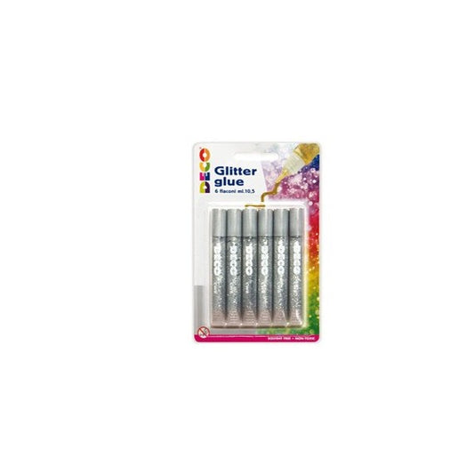 Blister colla glitter - 10,5 ml - argento - Deco - conf. 6 pezzi