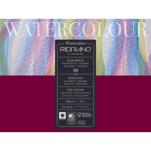 Blocco collato Fabriano Watercolour grana fine 20 fogli 24x32 cm - 200 g - 72612432