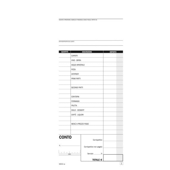 Blocco conti ristoranti/pizzerie/trattorie - 50 copie - 21,5 x 10 cm - DU1621C0000 - Data Ufficio