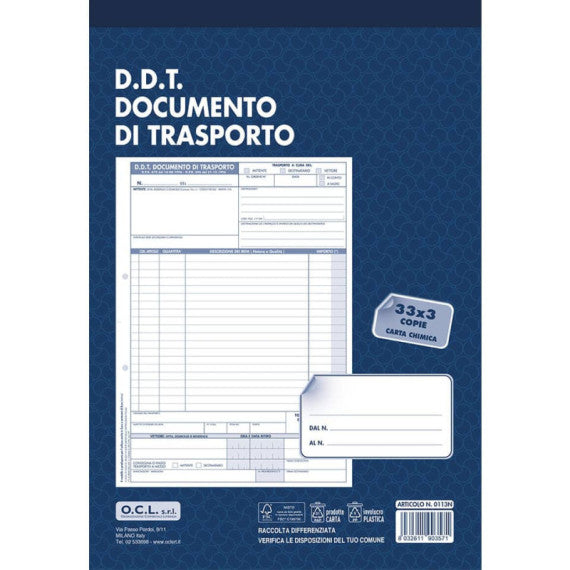 Blocco DDT Mittente/Destinatario/Vettore O.C.L. 33x3 copie 210x300 mm - 0113