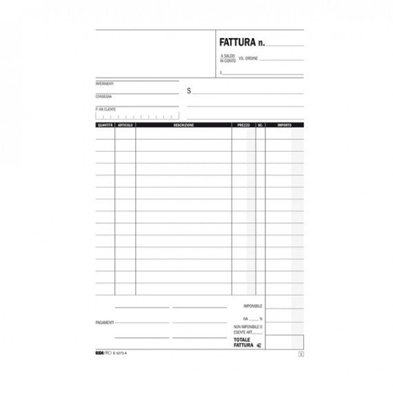 Blocco fattura 1 aliquota - 33 fogli 3 copie autoricalcanti - 23 x 14,8cm - Edipro