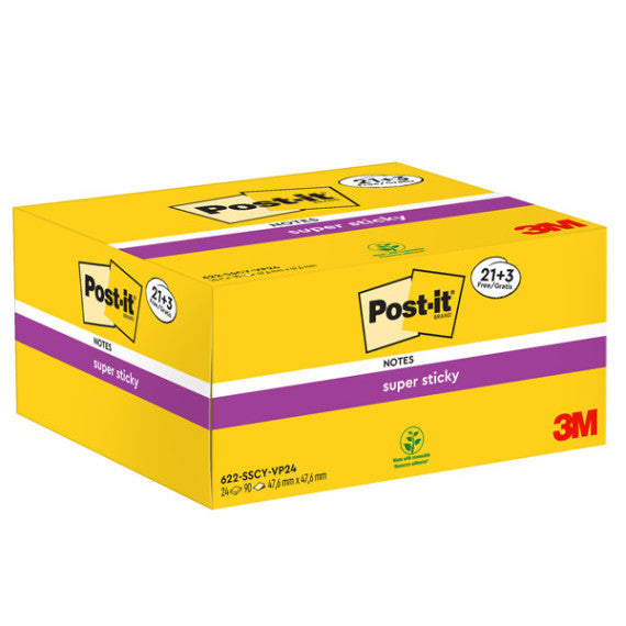 Blocco foglietti Post it® Super Sticky - 622-SSCY-VP24-EU - 47,6 x 47,6 mm - giallo Canary™ - 90 fogli - Post it® -