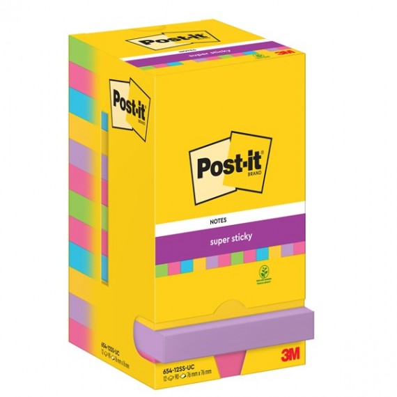 Blocco foglietti Post it® Super Sticky - 654-12SSUCC - 76 x 76 mm - colori Ultra - 90 fogli - Post it®