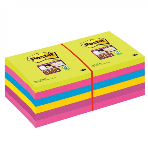 Blocco foglietti Post it® Super Sticky - 654-12SSUCC - 76 x 76 mm - colori Ultra - 90 fogli - Post it®