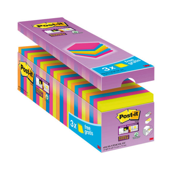 Blocco foglietti Post it® Super Sticky - 654-SS-VP24COL - 76 x 76 mm - colori assortiti - 90 fogli - Post it® - conf.