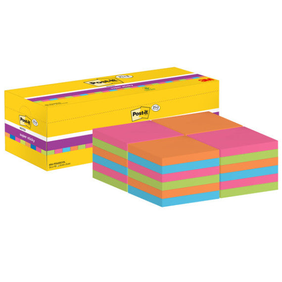 Blocco foglietti Post it® Super Sticky - 654-SS-VP24COL - 76 x 76 mm - colori assortiti - 90 fogli - Post it® - conf.