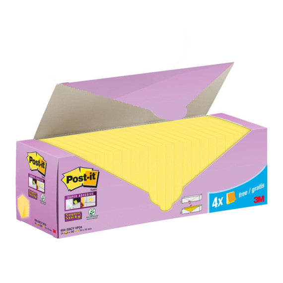 Blocco foglietti Post it® Super Sticky - 654-SSCY-VP24 - 76  x 76 mm - giallo Canary™ - 90 fogli - Post it® - conf.