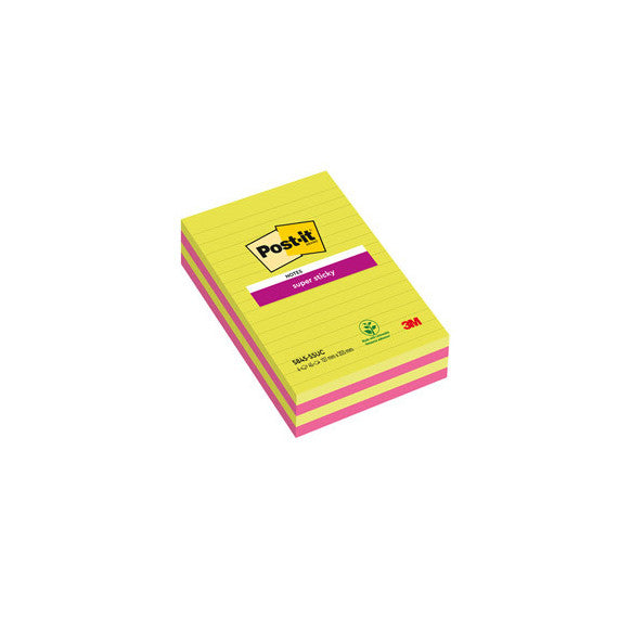 Blocco foglietti Post it® Super Sticky rettangolari - 5845-4SSUC - a righe - 127 x 203 mm - colori Ultra - 45 fogli - P