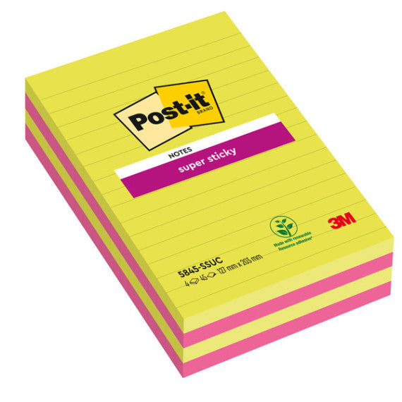Blocco foglietti Post it® Super Sticky rettangolari - 5845-4SSUC - a righe - 127 x 203 mm - colori Ultra - 45 fogli - P