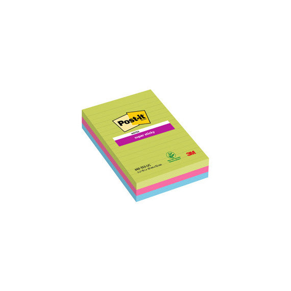Blocco foglietti Post it® Super Sticky rettangolari - 660-3SSUC - a righe - 101 x 152 mm - colori Ultra - 90 fogli - Po