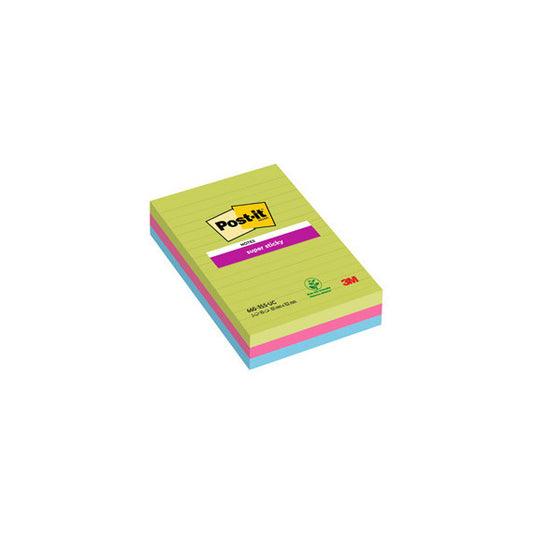 Blocco foglietti Post it® Super Sticky rettangolari - 660-3SSUC - a righe - 101 x 152 mm - colori Ultra - 90 fogli - Po