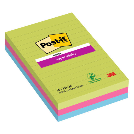 Blocco foglietti Post it® Super Sticky rettangolari - 660-3SSUC - a righe - 101 x 152 mm - colori Ultra - 90 fogli - Po