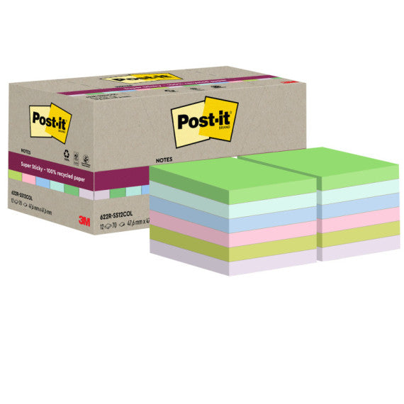 Blocco foglietti Post it® SuperSticky Green - 622R-SS12COL - 47,6 x 47,6 mm - carta riciclata - colori pastello assorti