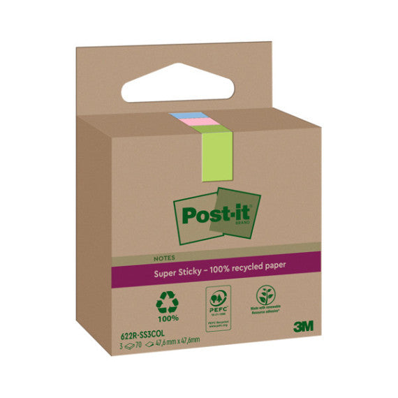 Blocco foglietti Post it® SuperSticky Green - 622R-SS3COL - 47,6 x 47,6 mm - carta riciclata - colori pastello assortit