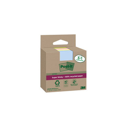 Blocco foglietti Post it® SuperSticky Green - 654R-SSCOL3+1 - 76 x 76 mm -  carta riciclata - colori pastello assortiti