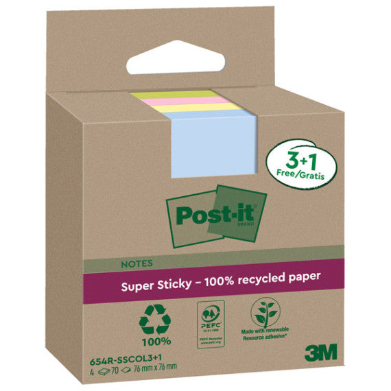 Blocco foglietti Post it® SuperSticky Green - 654R-SSCOL3+1 - 76 x 76 mm -  carta riciclata - colori pastello assortiti
