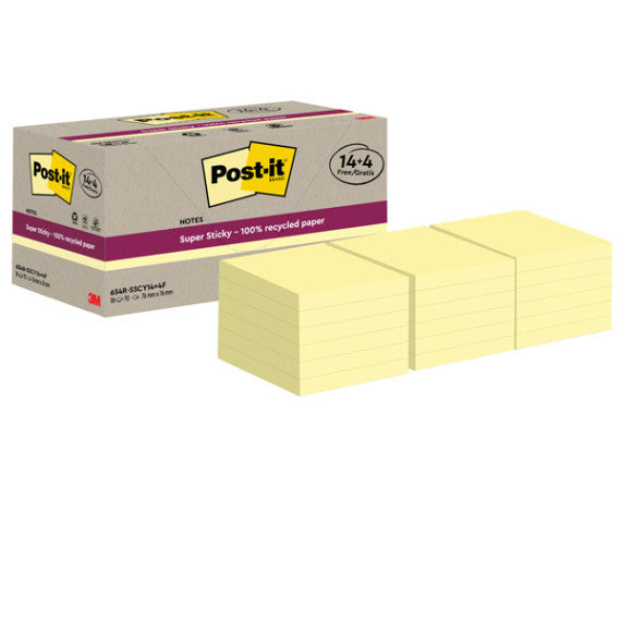 Blocco foglietti Post it® SuperSticky Green - 654R-SSCY14+4 - 76 x 76 mm - carta riciclata - giallo Canary - 70 fogli -