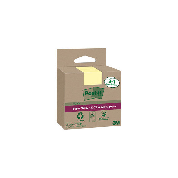 Blocco foglietti Post it® SuperSticky Green - 654R-SSCY3+1 - 76 x 76 mm - carta riciclata - giallo Canary - 70 fogli -