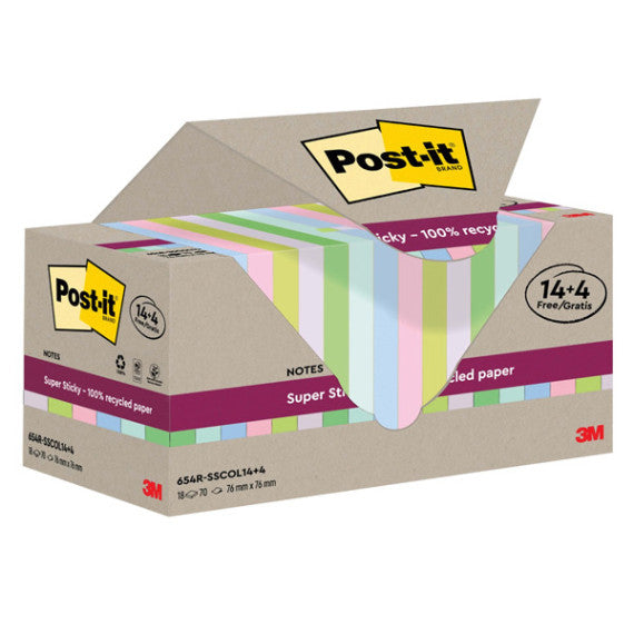 Blocco foglietti Post it® SuperSticky Green - SSCOL14+4 - 76 x 76 mm - carta riciclata - colori pastello assortiti - 70