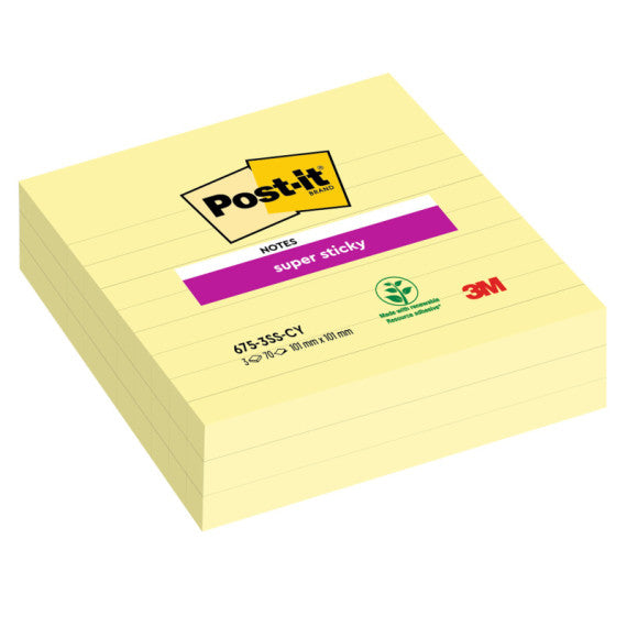 Blocco foglietti Super Sticky - 675-SS3CY-EU - a righe - 101 x 101 mm - giallo Canary™ - 70 fogli - Post-it®
