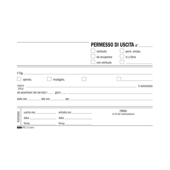 Blocco permesso uscita - 9,9 x 17cm - 50/50 fogli autoricalcanti - Edipro