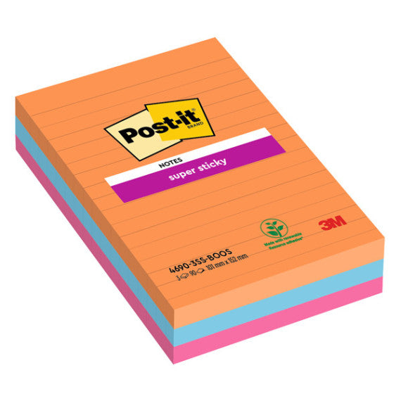 Blocco Post it® Super Sticky - 4690-3SS-BOOS - a righe - 101 x 152 mm - colori Boost - 90 fogli - Post it® - conf. 3 p