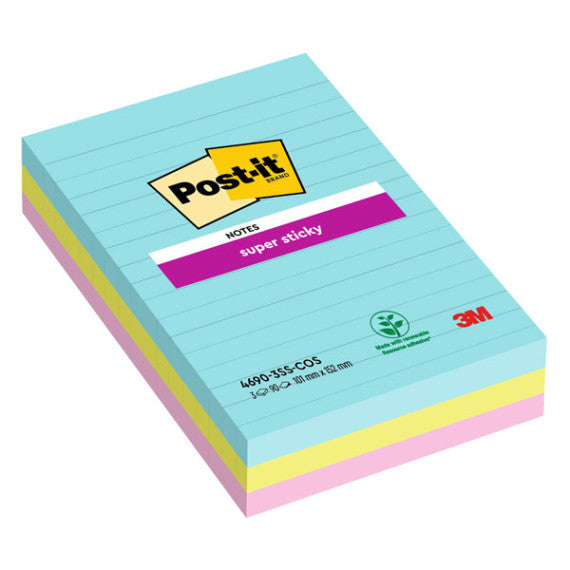 Blocco Post it® Super Sticky - 4690-SS3COS - a righe - 101 x 152 mm - colori Cosmic - 90 fogli - Post it® - conf. 3 pe