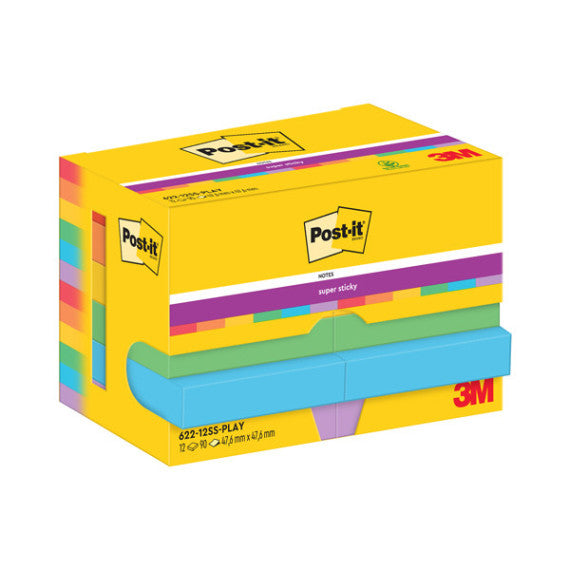 Blocco Post it® Super Sticky - 622-12SS-PLAY - 47,6 x 47,6 mm - colori Playful - 90 fogli - Post it® - conf. 12 pezzi