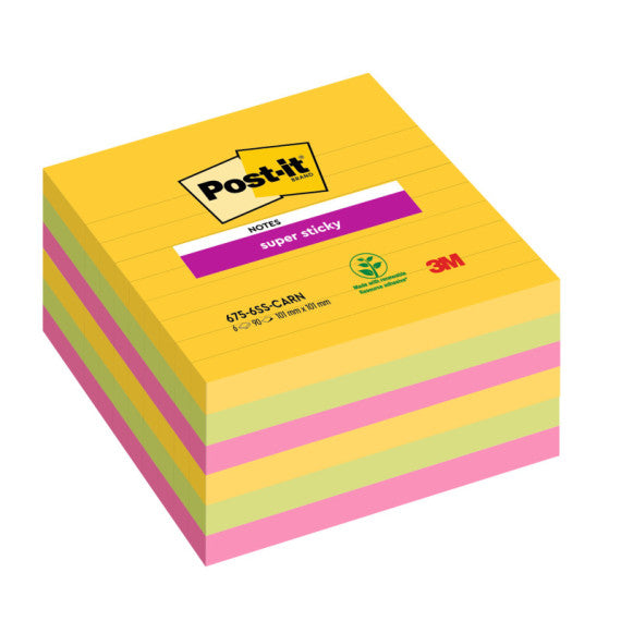 Blocco Post it® Super Sticky - 675-6SS-CARN - a righe - 101 x 101 mm - colori Carnival - 90 fogli - Post it® - conf. 6