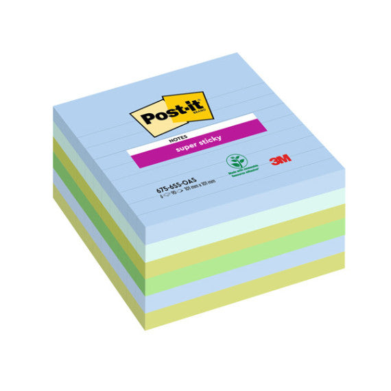 Blocco Post it® Super Sticky - 675-6SS-OAS - a righe - 100 x 100 mm - colori Oasis - 90 fogli - Post it® - conf. 6 pez