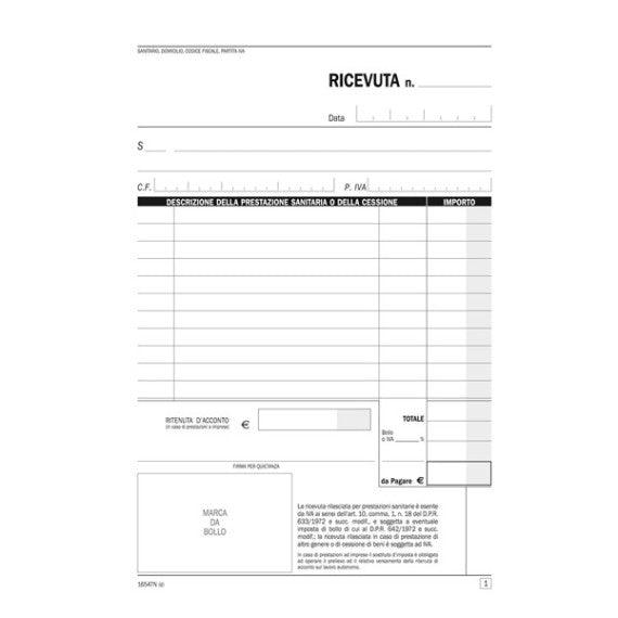 Blocco registro onorari/fatture ricevute sanitarie - 50/50 copie numerate autoricalcanti - 21,5 x 14,8 cm - DU16547N000