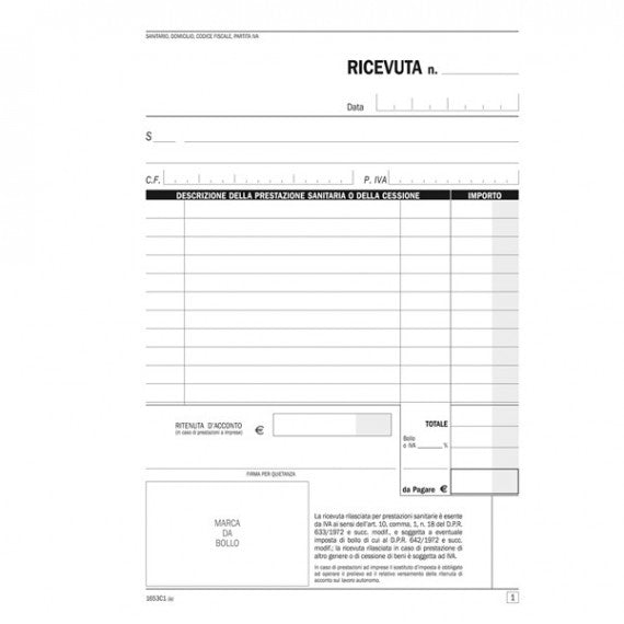 Blocco ricevute sanitarie numerate - 100/2 copie autoricalcanti - 21,5x14,8cm - DU1653C1000 - Data Ufficio