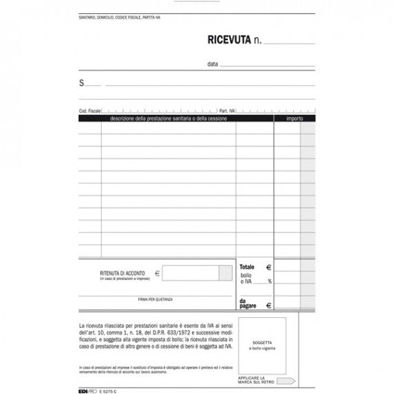 Blocco ricevute sanitarie numerate - 50/50 fogli autoricalcanti - 23 x 15cm - Edipro
