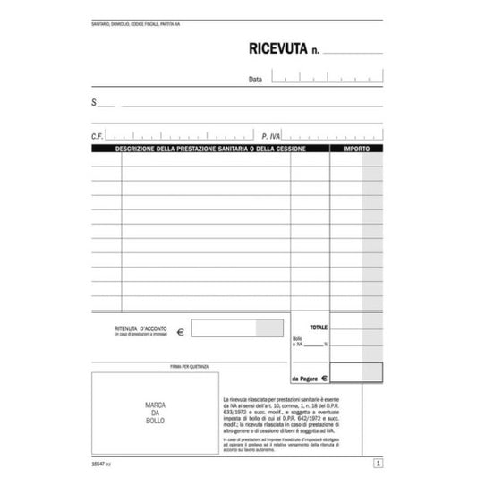 Blocco ricevute sanitarie registro degli onorari Data Ufficio 21,5x14,8 cm 50x2 copie autoricalcanti - DU165470000