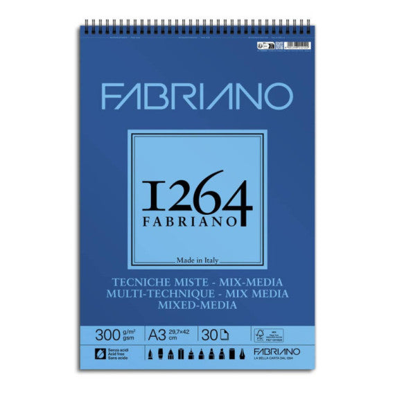 Blocco spiralato tecniche miste Fabriano 1264 - 300 g A3 - 30 fogli - 19100644