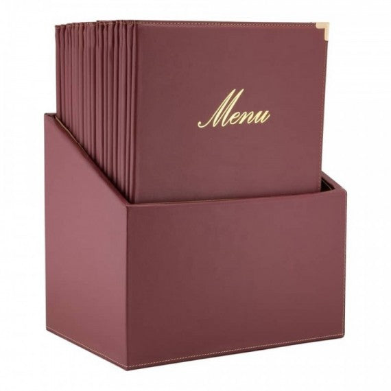 Box portamenù con 20 menù Securit® Classic in similpelle A4 rosso bordeaux MC-BOX-CRA4-WR