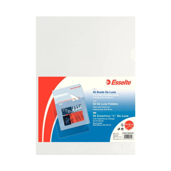 Buste a L non perforate Esselte DE LUXE PP lucido trasparente 22x30 cm liscia conf.50 - 395084100