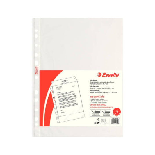 Buste a perforazione universale goffrate Esselte ESSENTIALS PP antiriflesso trasparente A4  conf.100 - 392713000