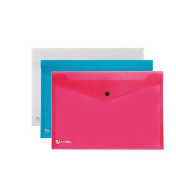 Buste con bottone King Mec Pull A4 21x29,7 cm assortiti blu, rosso e trasparente - 111355