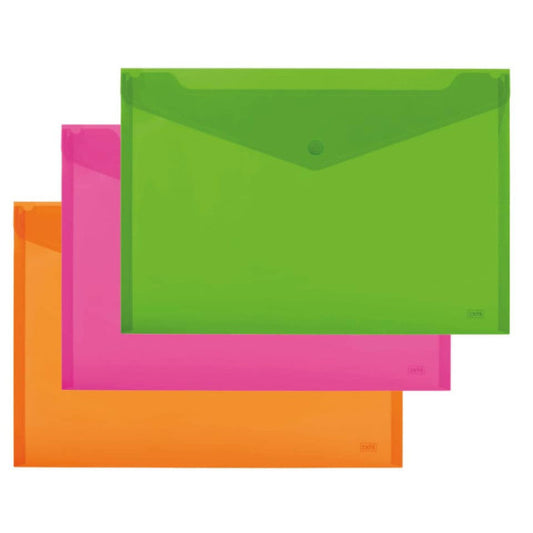 Buste con bottone Lebez in PP 33,5x23,5 cm - conf. 3 pezzi - colori fluo - 80438