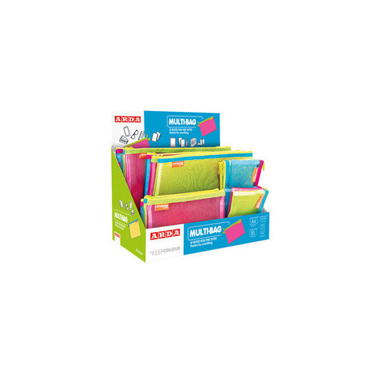 Buste con zip - 5  formati assortiti - retina - colori fluo- Arda - display 36 pezzi