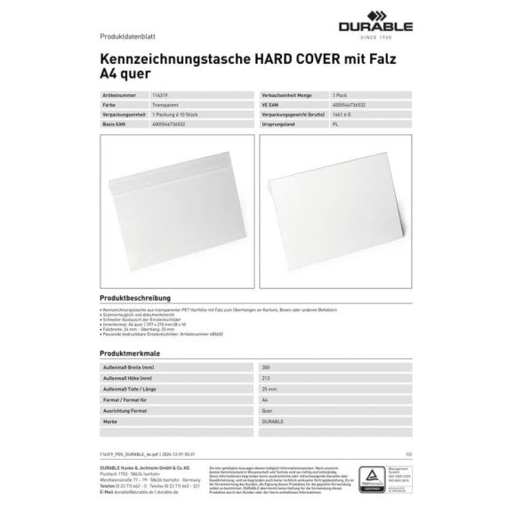 Buste orizzontali per identificazione Durable Hard Cover con aletta A4 (297x210 mm) conf. 10 pz - 1163-19