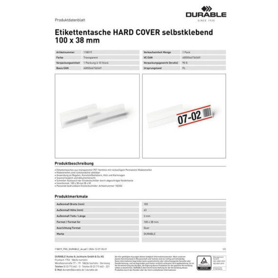 Buste per identificazione Durable Hard Cover con bande magnetiche 100x38 mm in conf. 10 pz - 1195-19