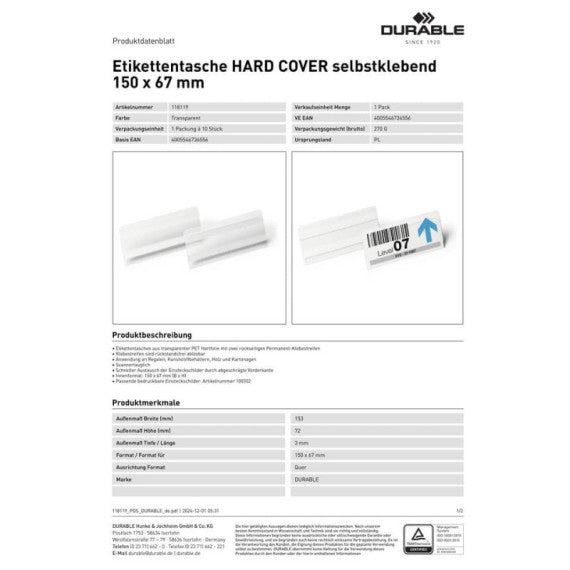 Buste per identificazione Durable Hard Cover con bande magnetiche 150x67mm in conf. 10 pz - 1196-19