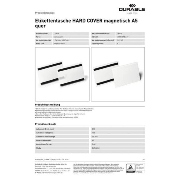 Buste per identificazione Durable Hard Cover con bande magnetiche 210x148 mm in conf. 10 pz - 1198-19