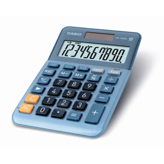 Calcolatrice da tavolo Casio MS-100EM-W-EP - blu - solare e batteria display 10 cifre