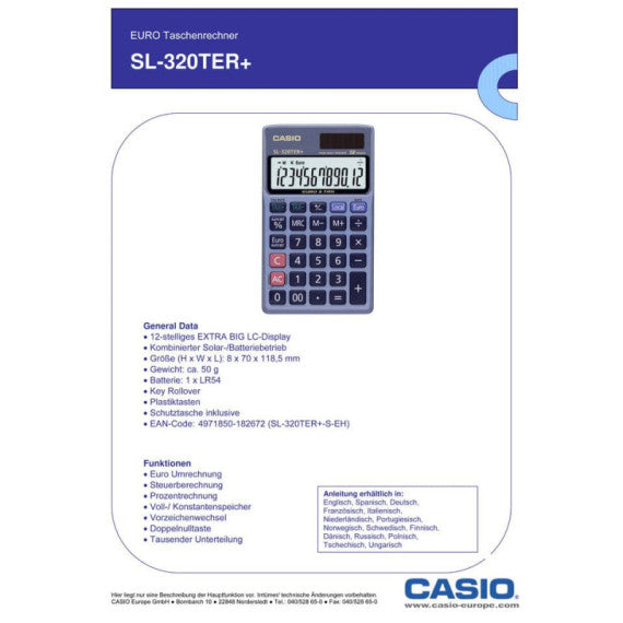 Calcolatrice tascabile CASIO 12 cifre - solare e batteria Blu Scuro - SL-320TER+-WA-EP