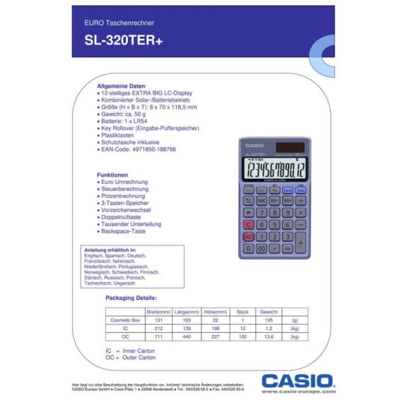 Calcolatrice tascabile CASIO 12 cifre - solare e batteria Blu Scuro - SL-320TER+-WA-EP